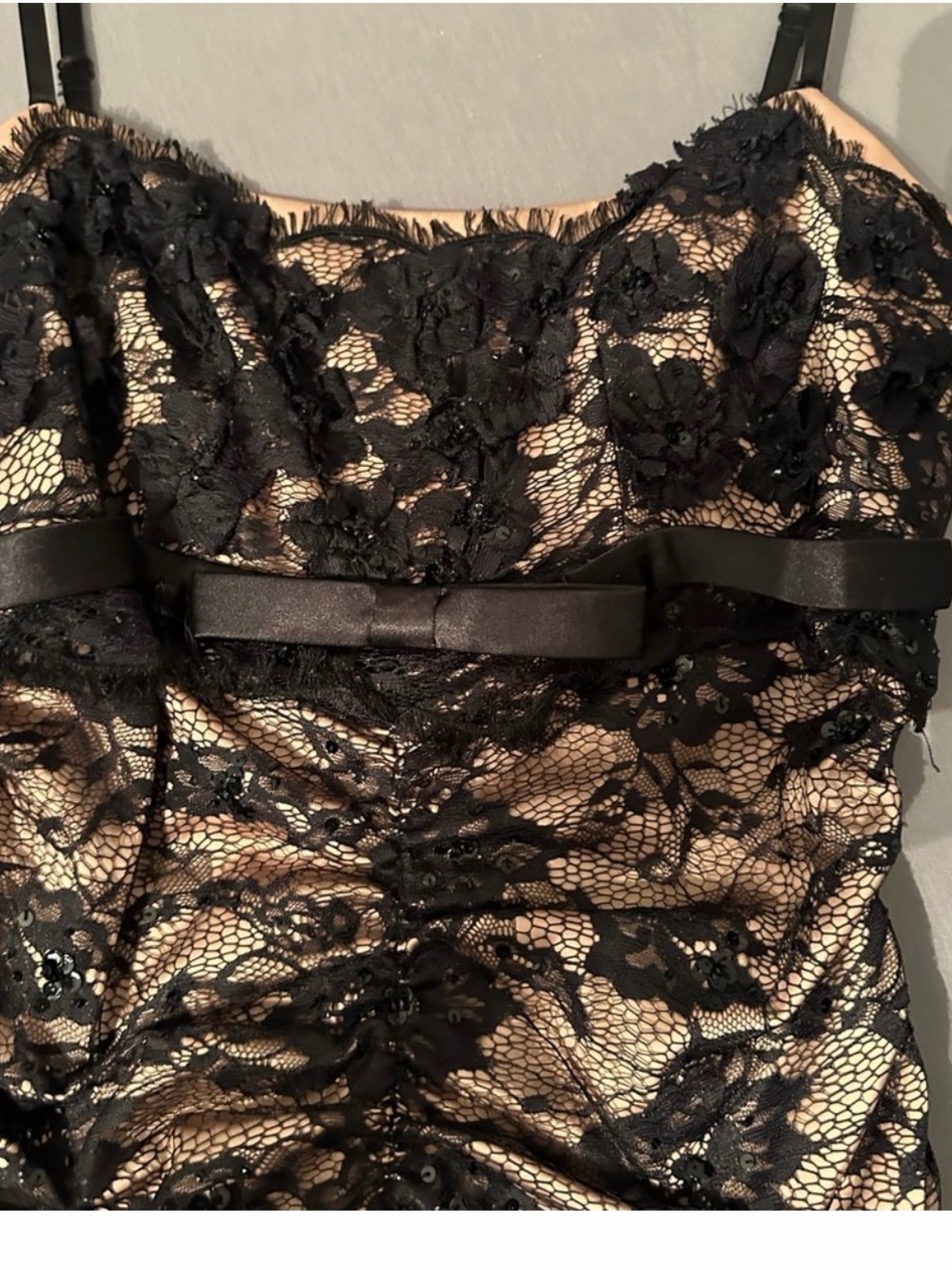 Black Lace Overlay Evening Dress with Nude Lining